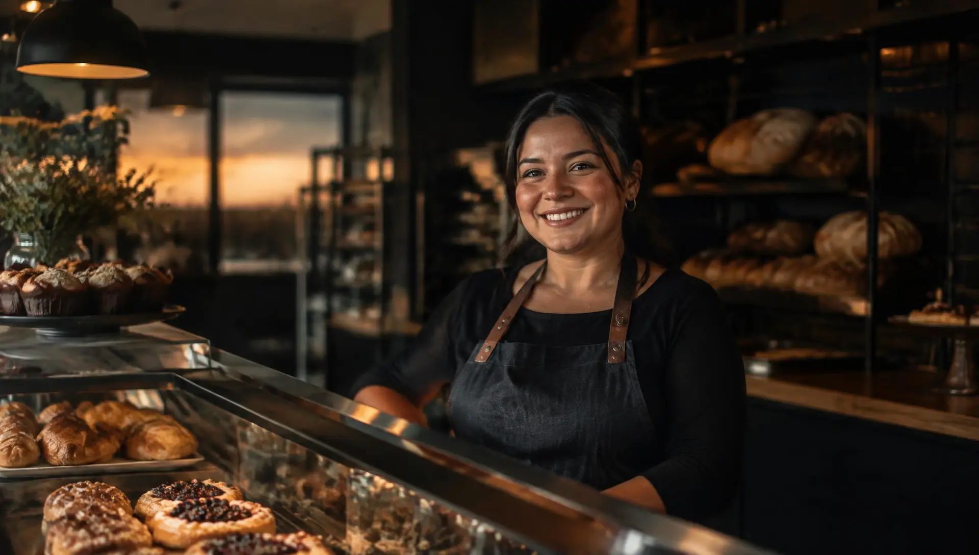 Bakery owner smiling behind the counter of her business